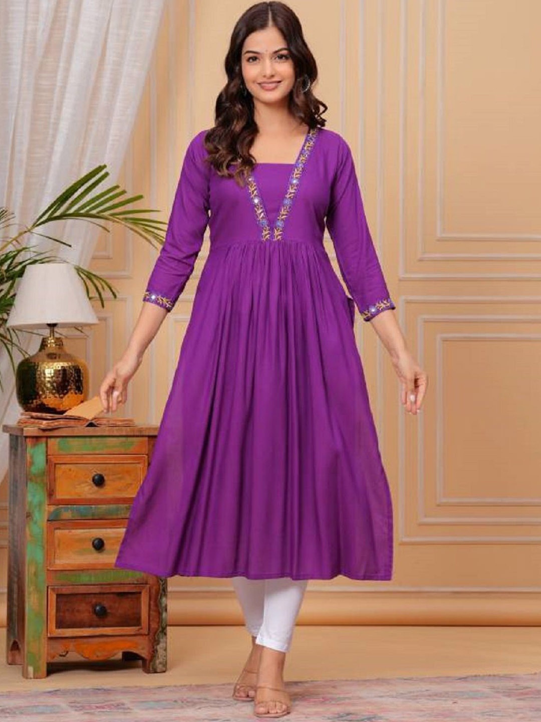 

SGRF Floral Yoke Design Square Neck Thread Work Pleated A-Line Kurta, Purple