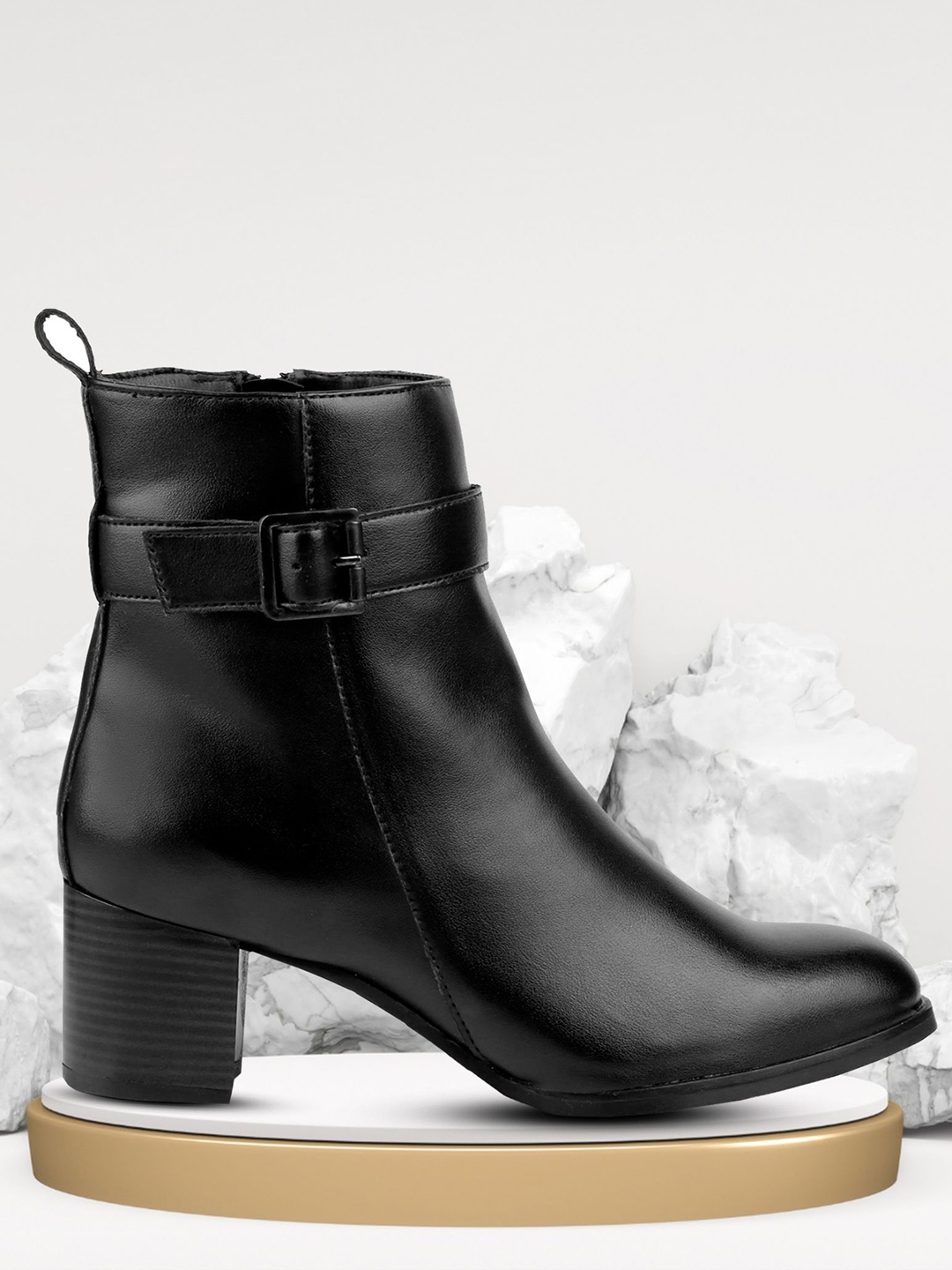

Bxxy Women Faux Casual Buckle Zipper Block Heels High Ankle Boot, Black