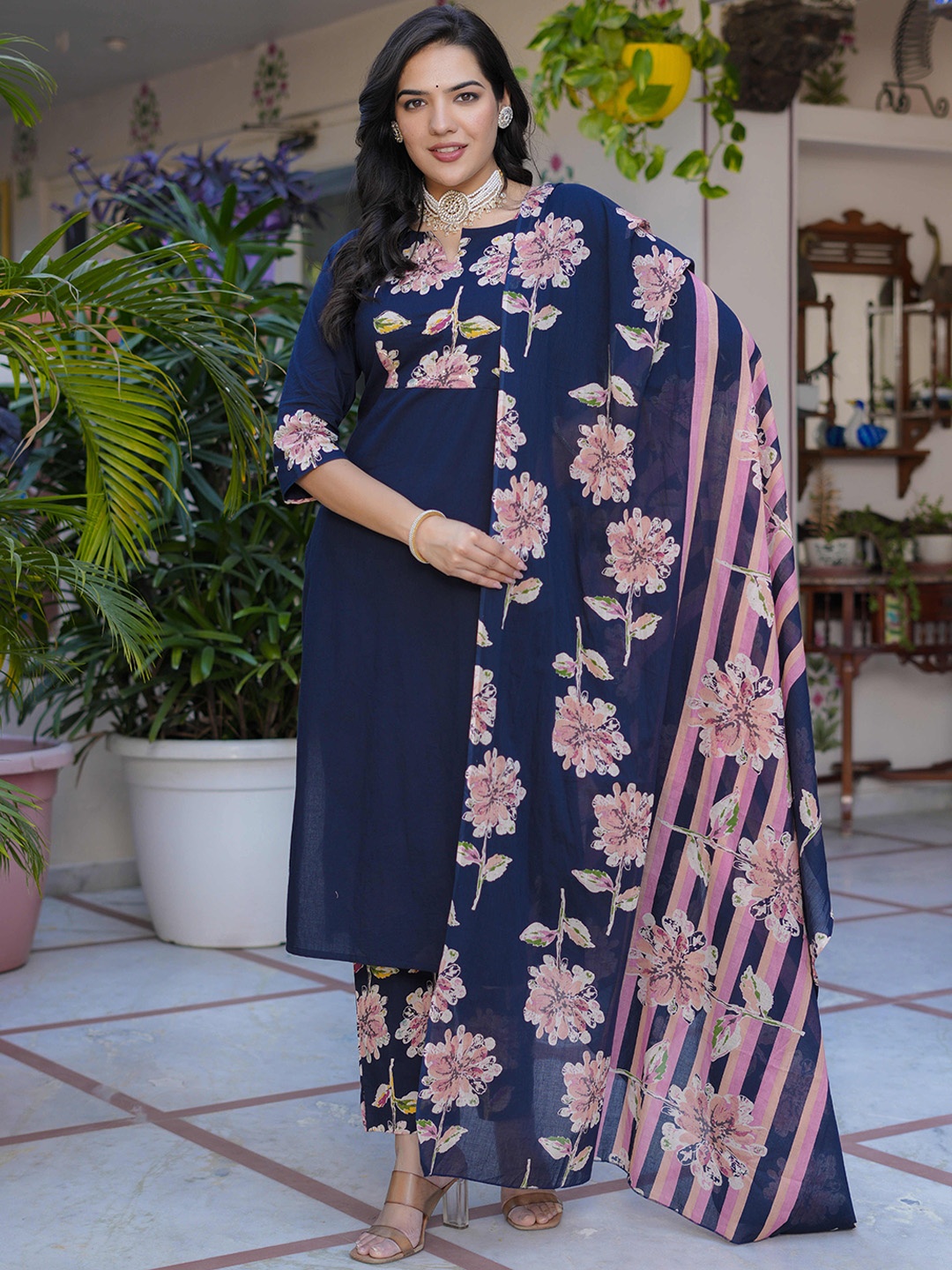 

SIGNORIA Floral Printed Sequinned Notch Neck Kurta With Trousers & Dupatta, Navy blue