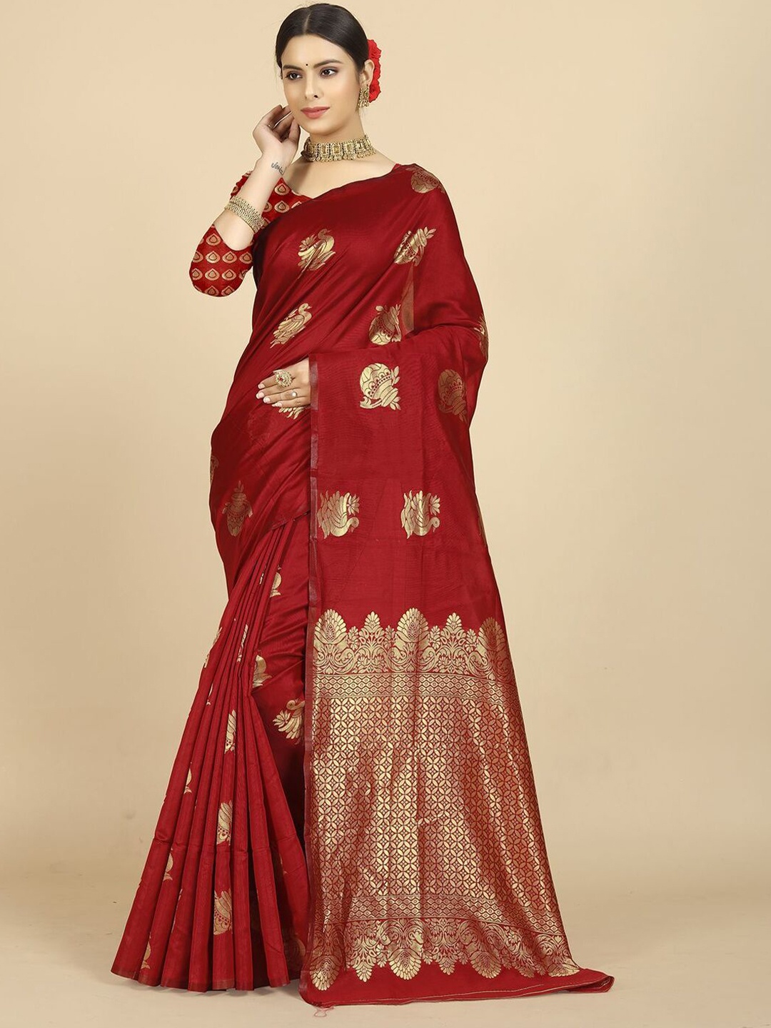 

PEORA'S CLOSET Ethnic Motifs Zari Silk Blend Banarasi Saree, Red