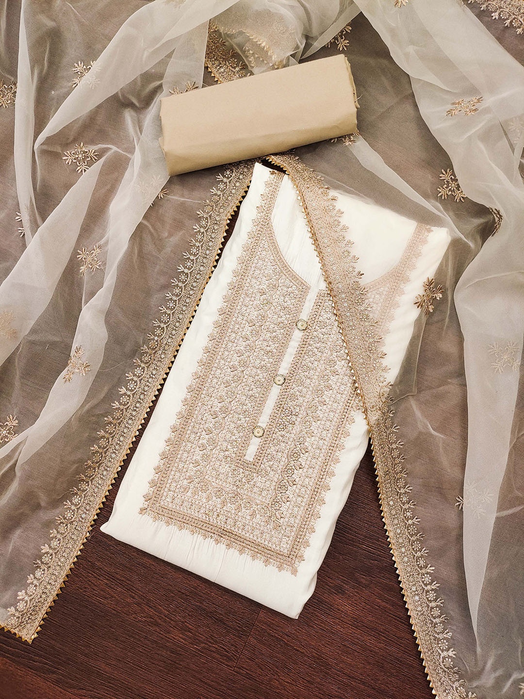 

SAINOOR Embroidered Pure Silk Semi-Stitched Dress Material, White