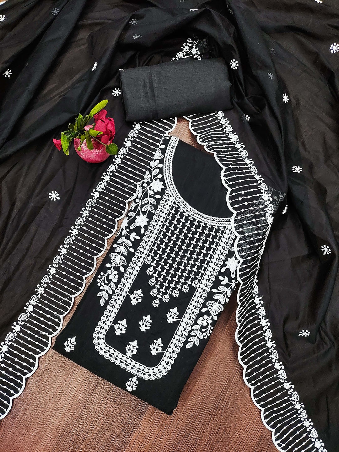 

SAINOOR Floral Embroidered Semi-Stitched Dress Material, Black