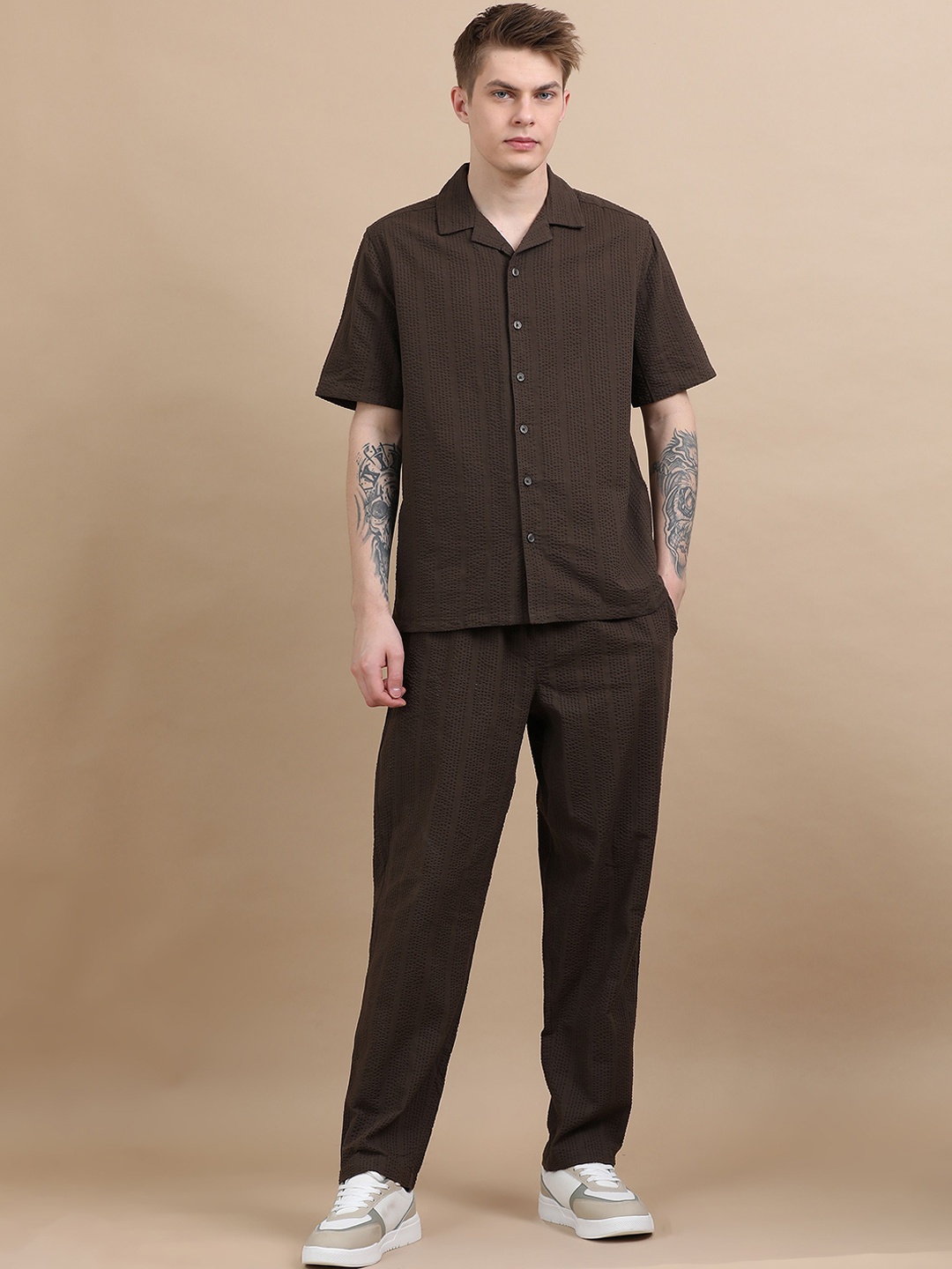 

StitchX Men Textured Cotton Seersucker Resort Shirt & Trouser Co Ord Set, Brown