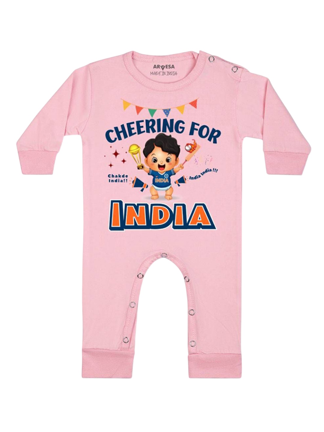 

Arvesa Kids Cheering For India Printed Baby Romper, Pink