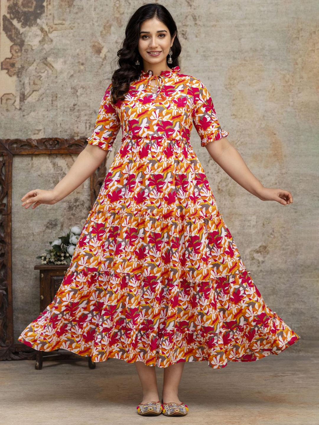 

Henal Floral Print Tie-Up Neck Maternity Fit & Flare Midi Dress, Orange