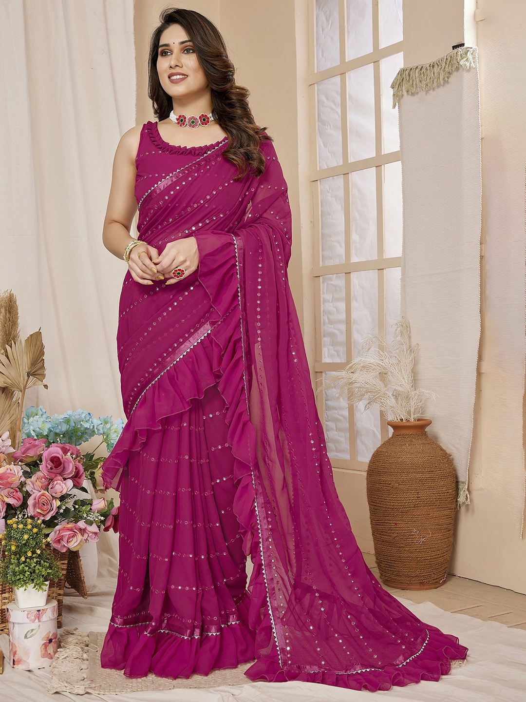 

Fashion FRICKS Embellished Mirror Work Poly Georgette Saree, Pink