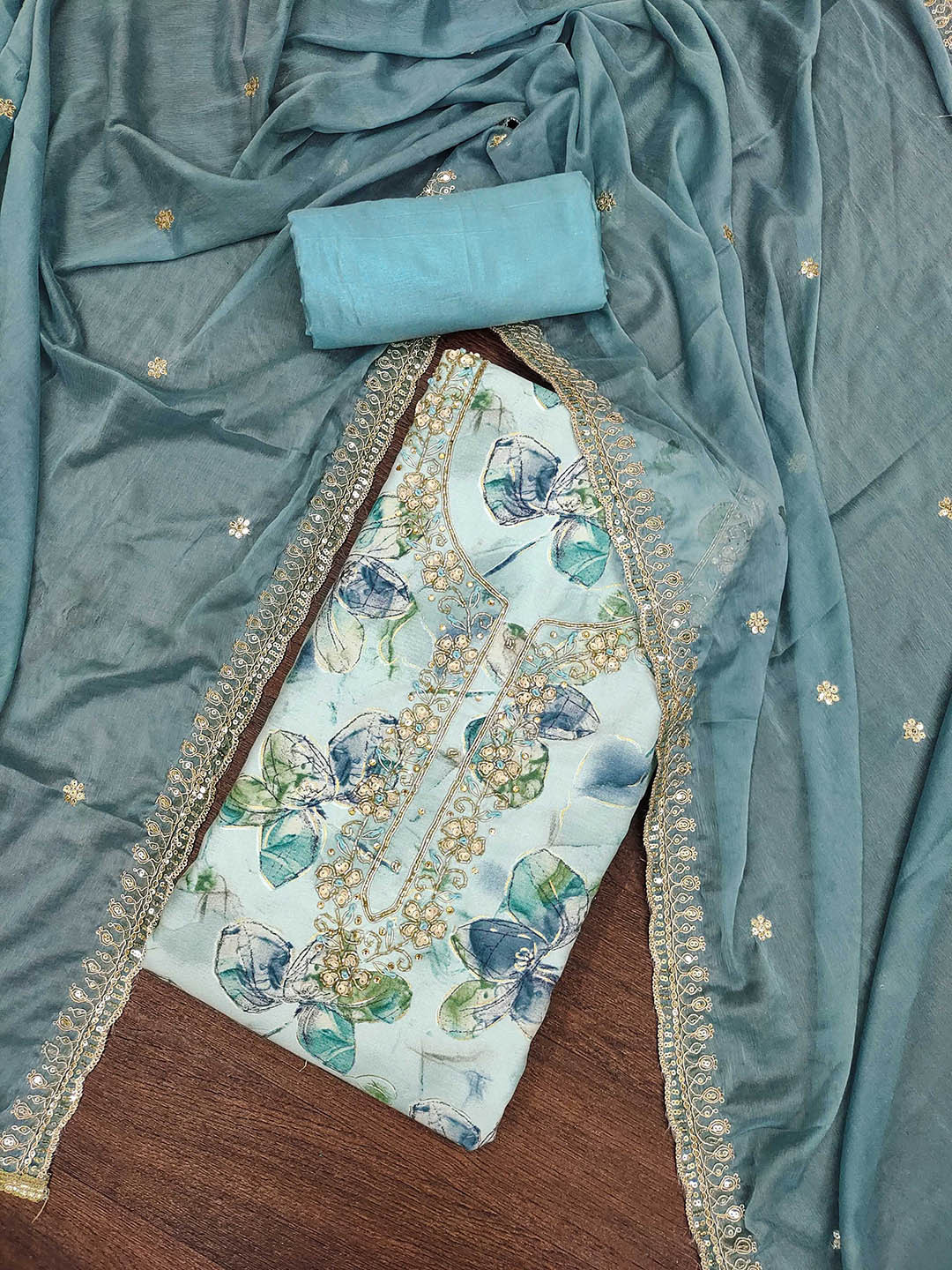 

SAINOOR Floral Printed Semi-Stitched Dress Material, Blue