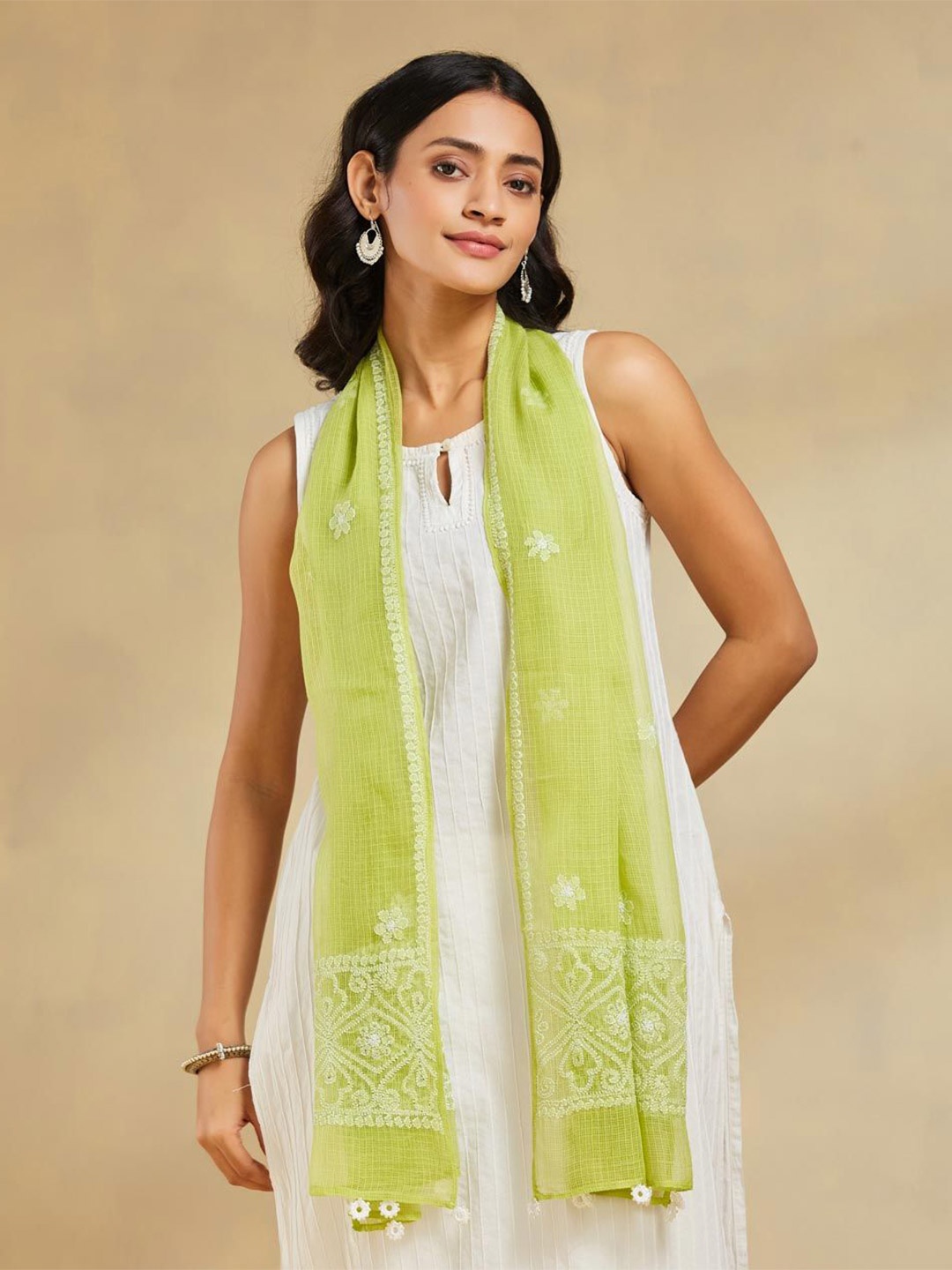 

Fabindia Women Embroidered Stole, Green