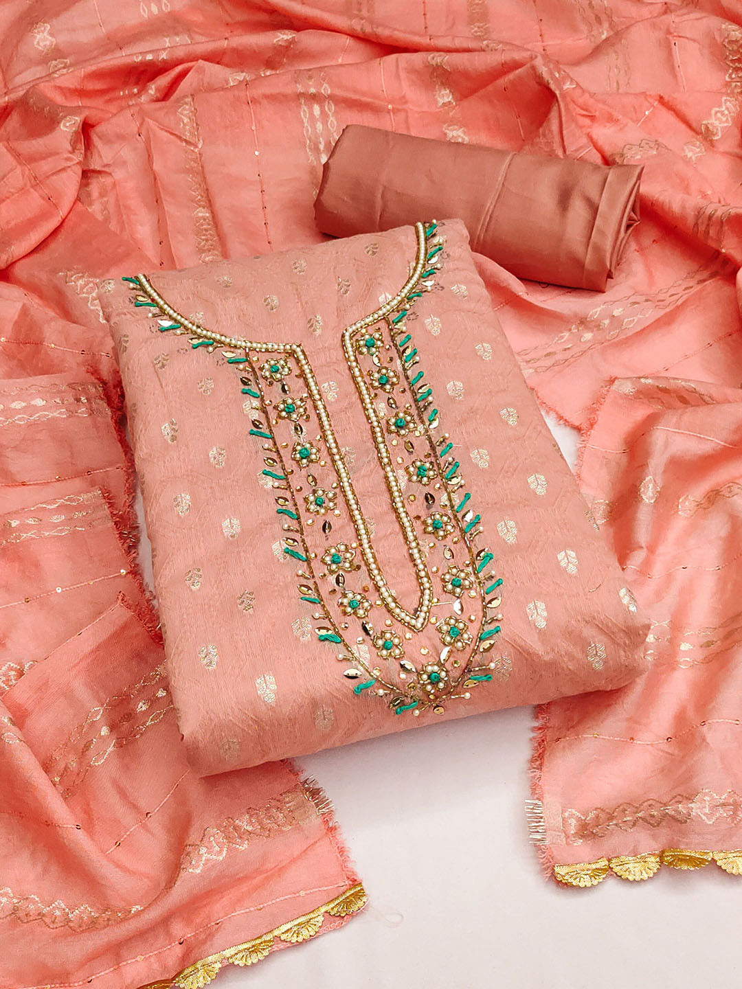 

SAINOOR Floral Woven Design Beads and Stones Semi-Stitched Dress Material, Peach