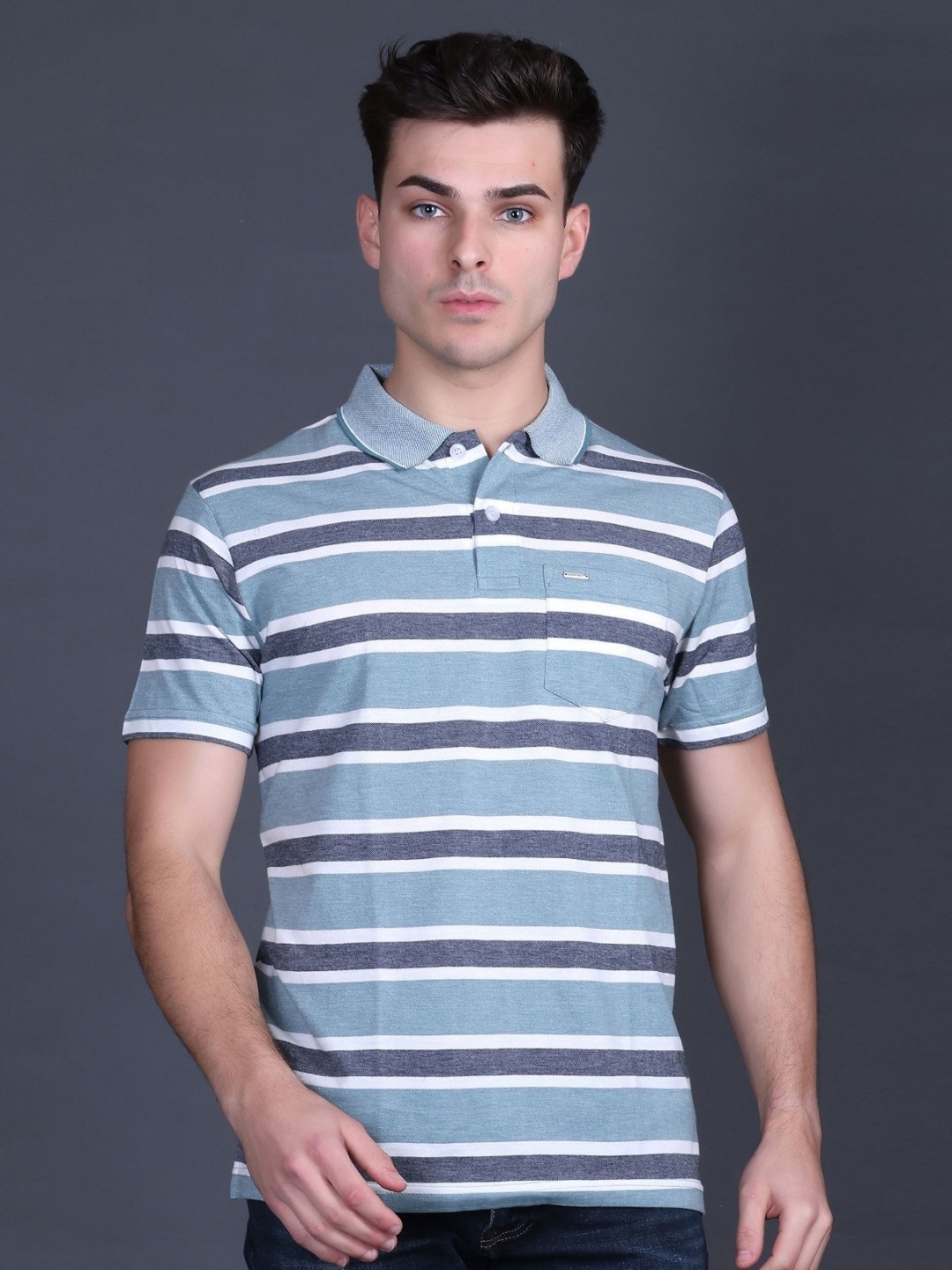 

GODFREY Men Striped Polo Collar T-shirt, Teal