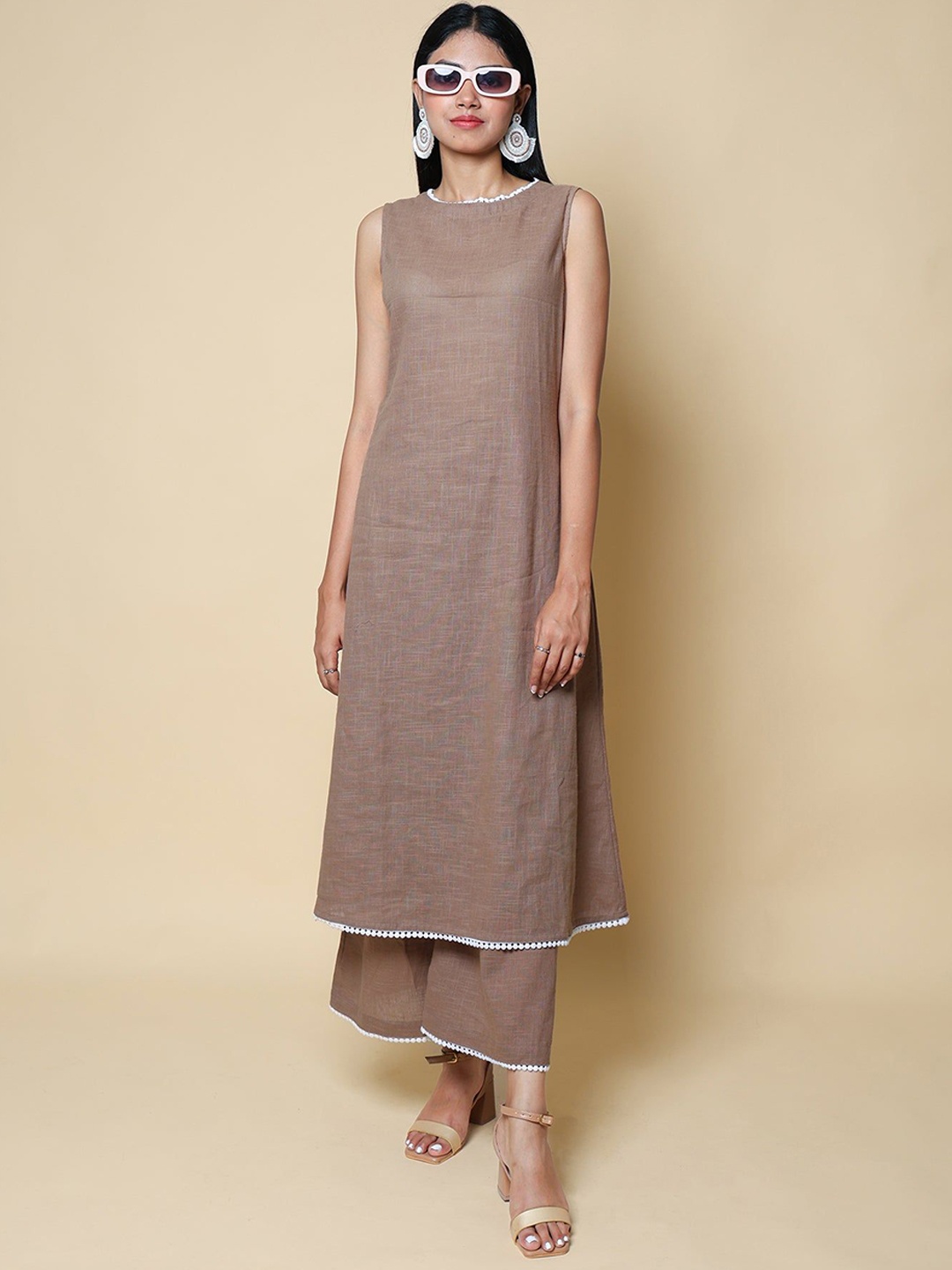 

KELLPAR Women Regular Pure Cotton Kurta with Palazzos, Brown