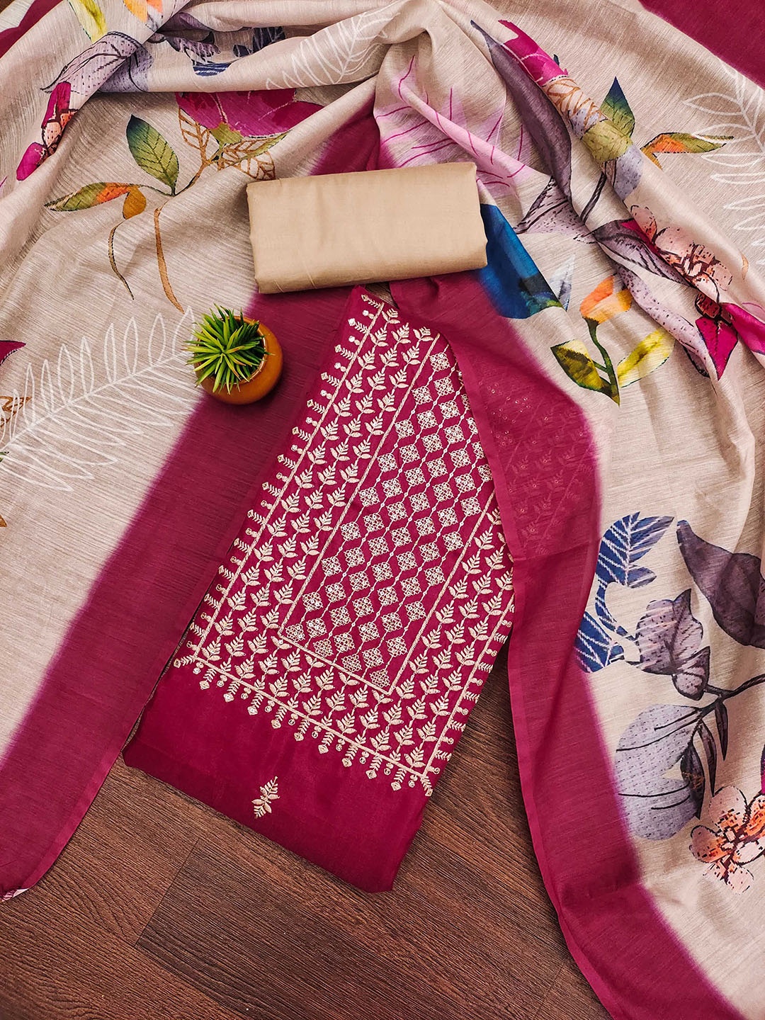 

SAINOOR Embroidered Semi-Stitched Dress Material, Magenta