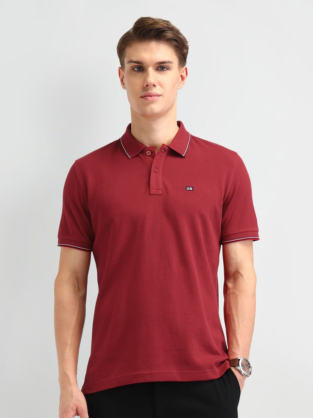 

Arrow Sport Men Brand Logo Polo Collar Applique Slim Fit T-shirt, Red