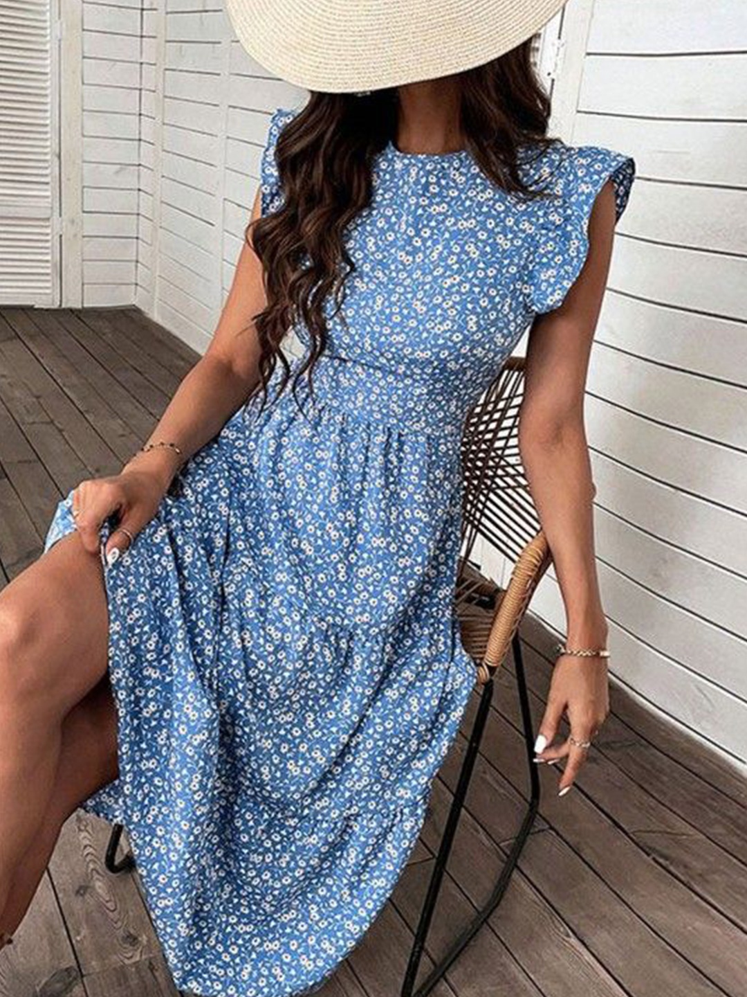 

HERE&NOW Floral Print Flutter Sleeve A-Line Midi Dress, Blue