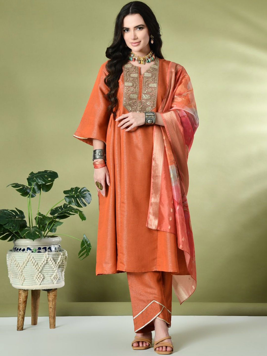

KALINI Floral Yoke Design Sequinned Pure Silk A-Line Kurta with Palazzos & Dupatta, Orange