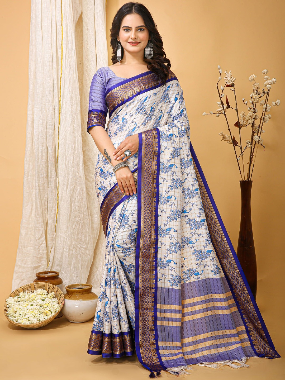 

V3 FASHION STUDIO Ethnic Motifs Zari Art Silk Saree, Blue