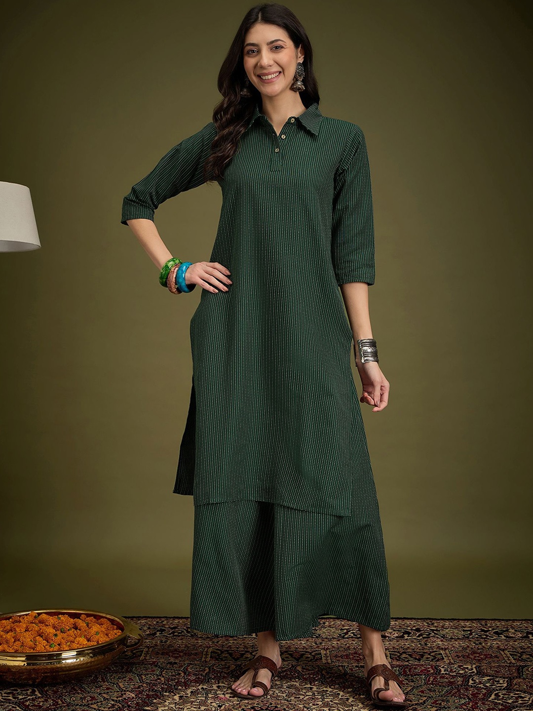 

Sangria Striped Shirt Collar Cotton Straight Kurta With Palazzos, Green