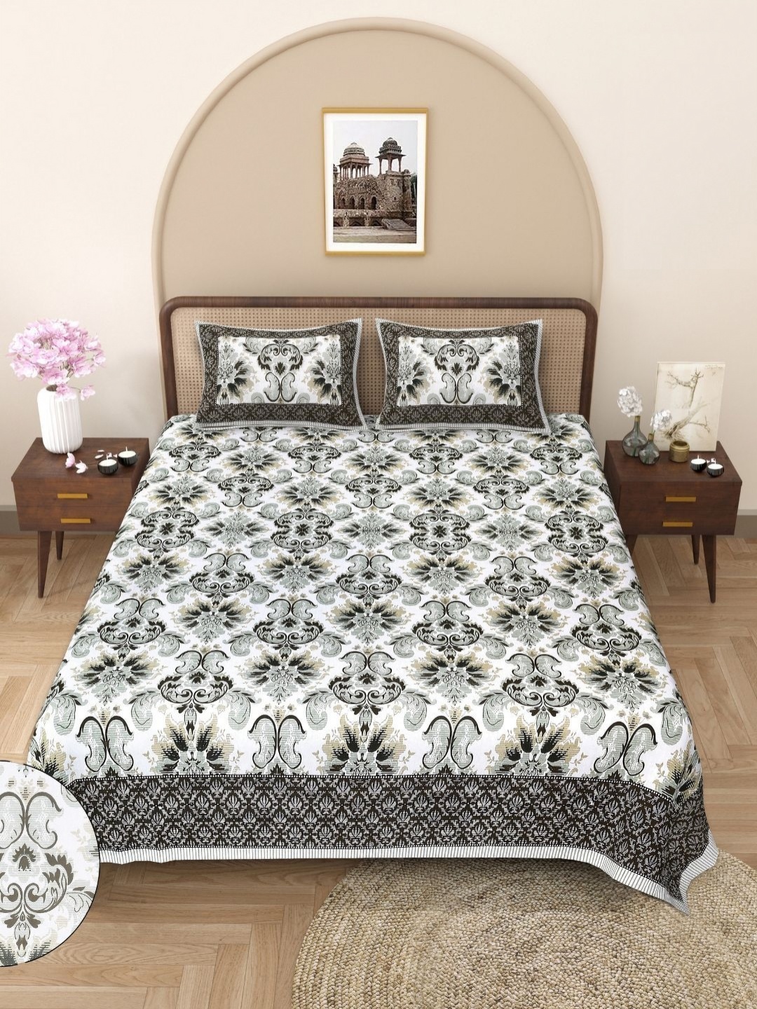 

Butea Crape White & Green Floral Printed Cotton 144 TC King Bedsheet Set 2.40m x 2.15m