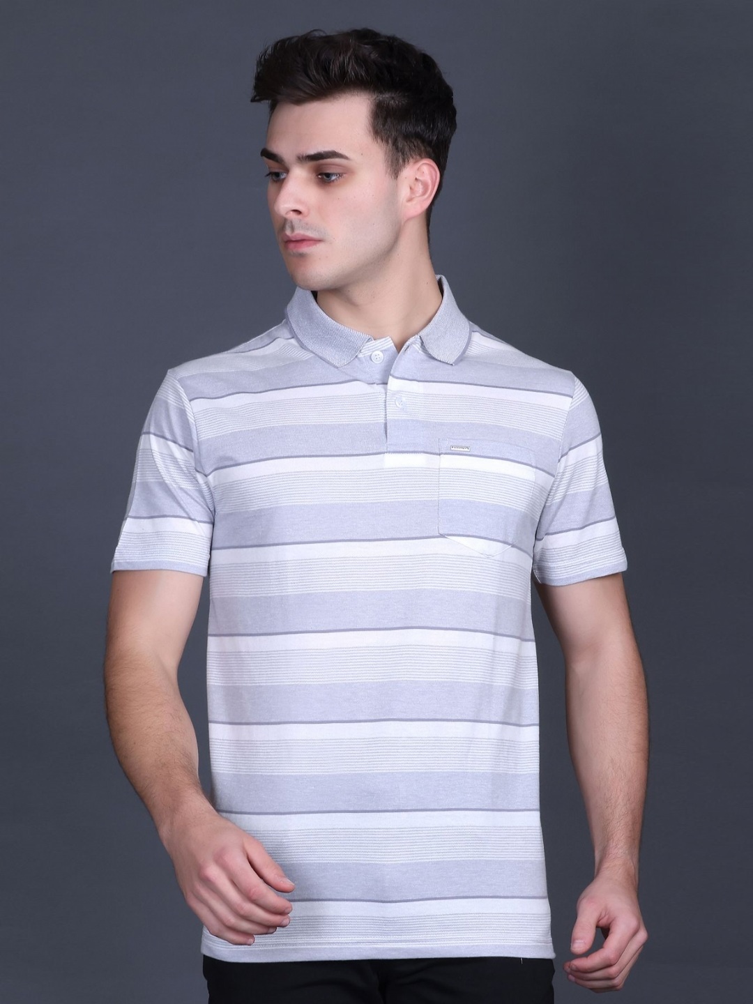 

GODFREY Men Striped Polo Collar T-shirt, Grey