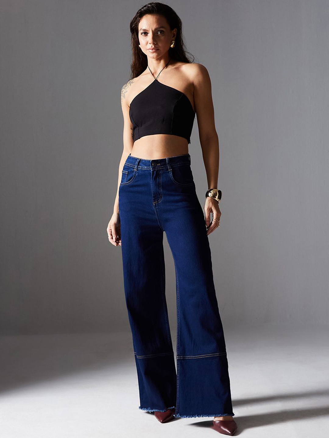 

Miss Chase Women High-Rise Clean Look Stretchable Wide Leg Jeans, Blue