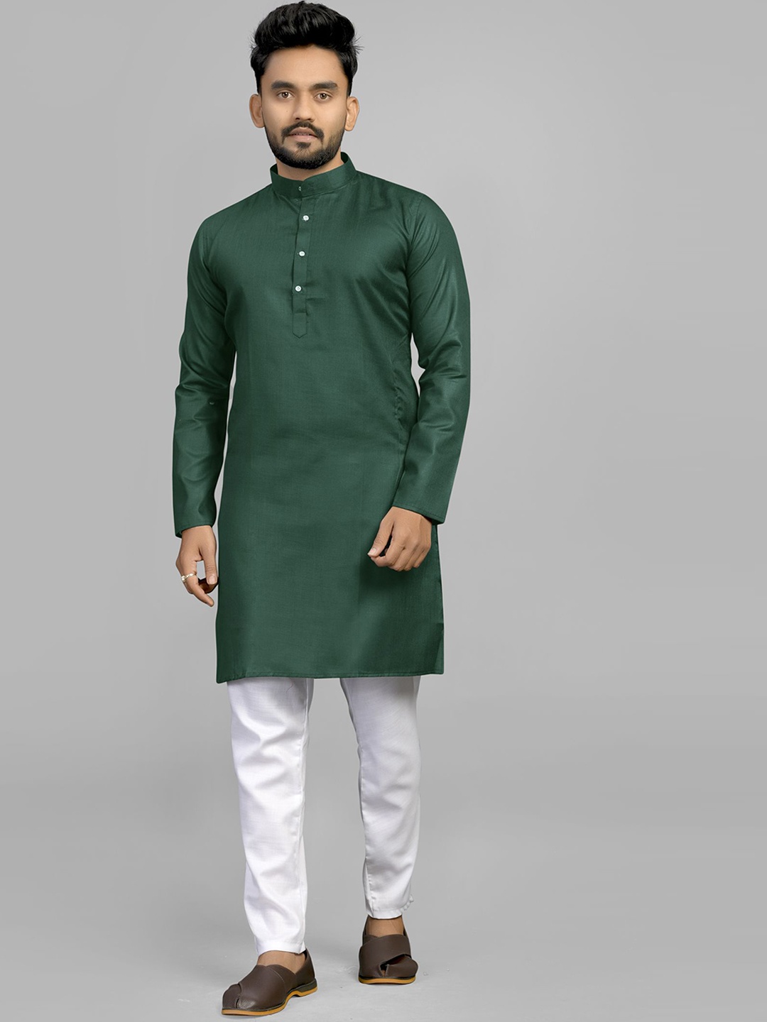 

Fashion FRICKS Band Collar Cotton Straight Kurta, Green