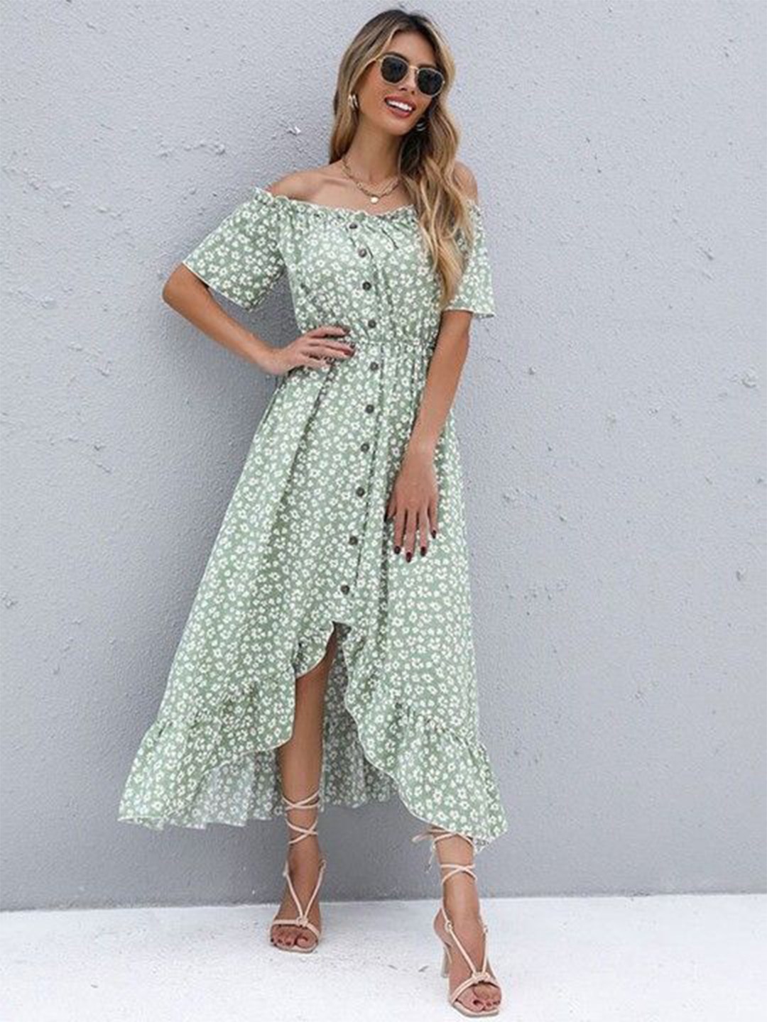 

HERE&NOW Floral Print Off-Shoulder Flared Sleeve Fit & Flare Midi Dress, Green