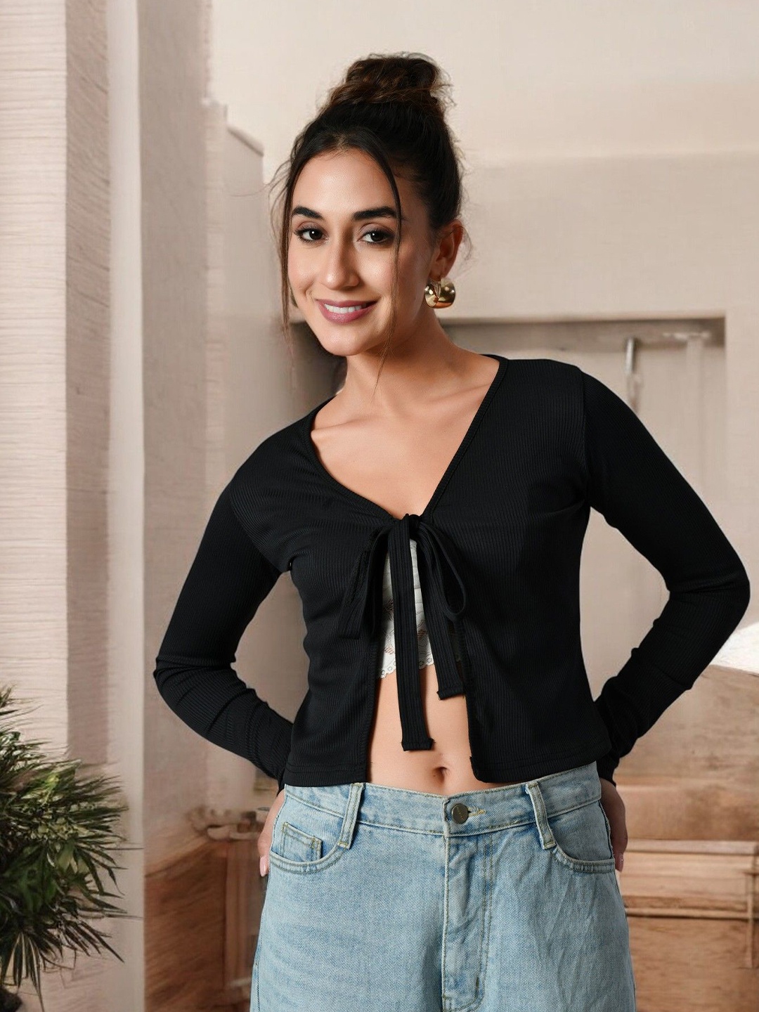 

Arbiter Collection Tie-Up Neck Studded Top, Black