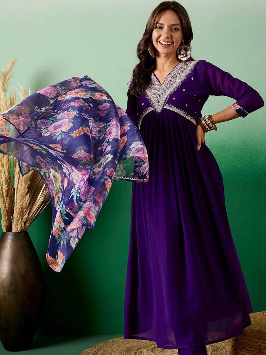 

NIZA FASHION Women Embroidered Empire Kurta with Trousers & With Dupatta, Purple