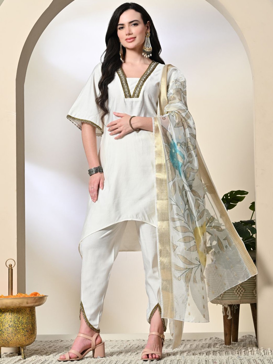 

KALINI Zari Work V-Neck A-Line Kurta WIth Dhoti Pants And Dupatta, White