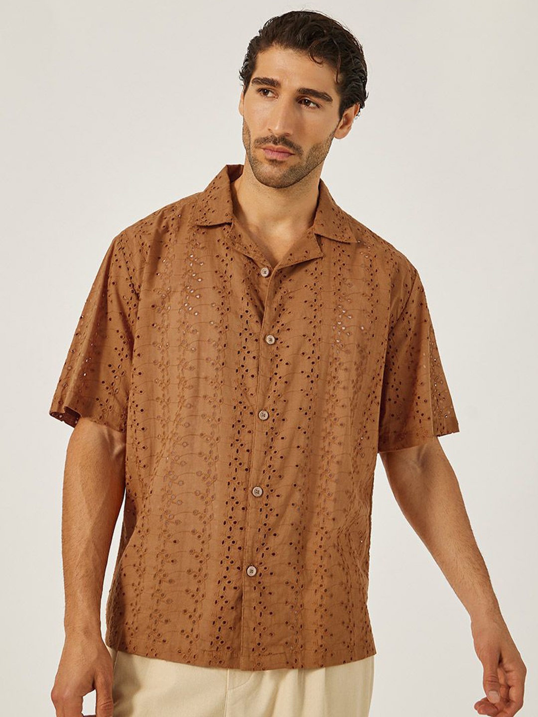 

Styli Men Schiffli Relaxed Fit Resort Collar Shirt, Rust