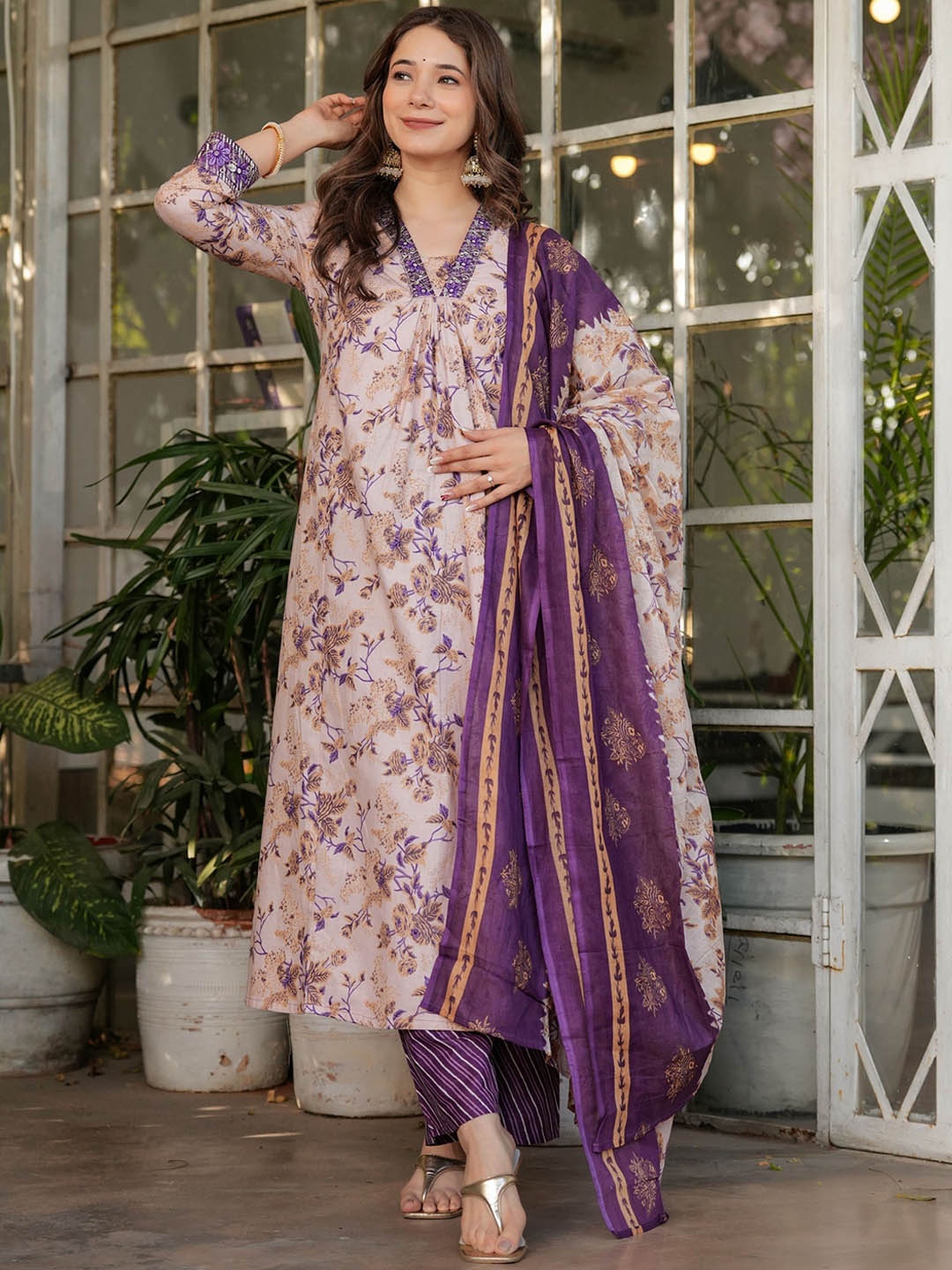 

NIZA FASHION Women Floral Embroidered Regular Pure Cotton Kurta with Trousers & With Dupatta, Purple