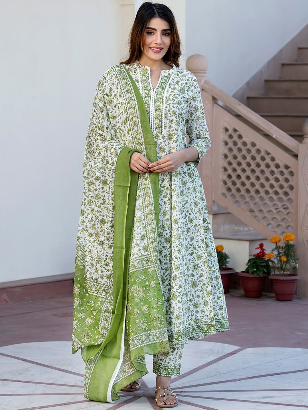 

KALINI Women Floral Printed Regular Pure Cotton Kurta with Trousers & With Dupatta, Green