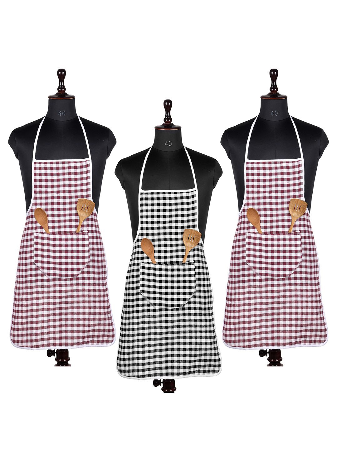 

Kuber Industries Red & Green 3 Pieces Checked Cotton Front Pocket Aprons, White