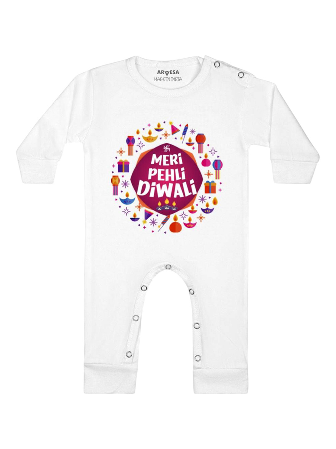 

Arvesa First Diwali Printed Baby Romper, White