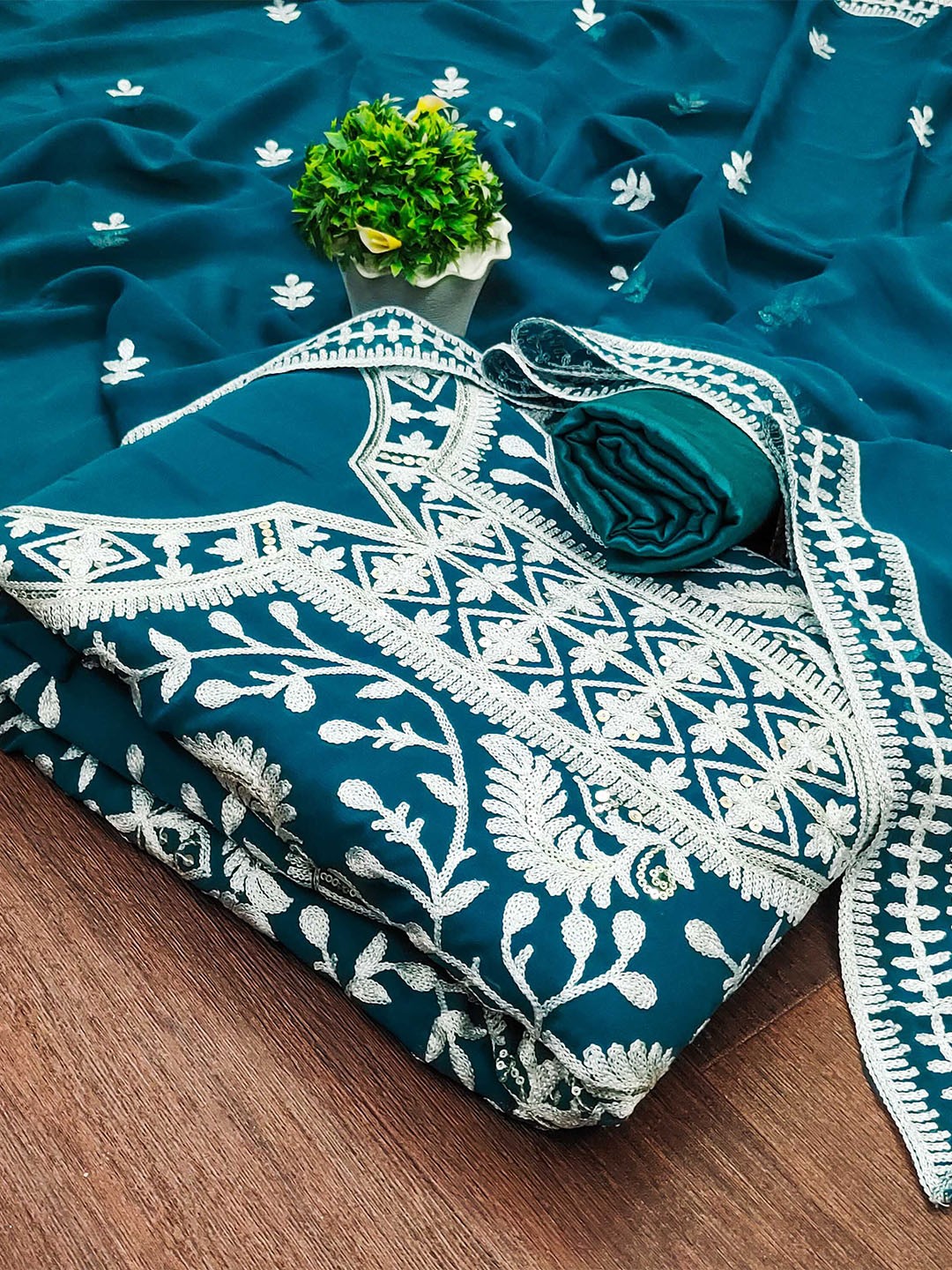 

SAINOOR Floral Embroidered Silk Georgette Unstitched Dress Material, Sea green