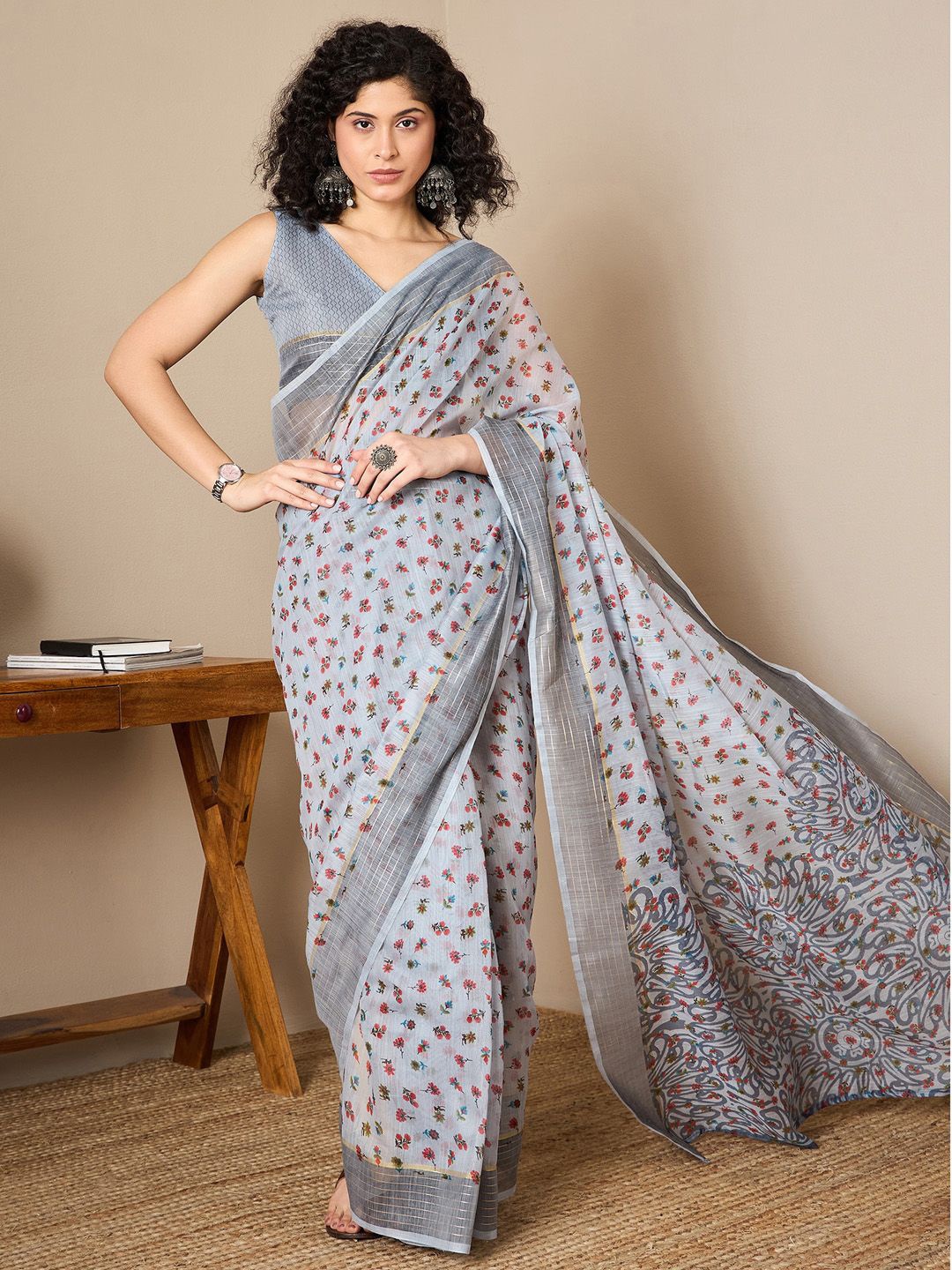 

Mitera Floral Zari Linen Blend Ready to Wear Banarasi Saree, Grey