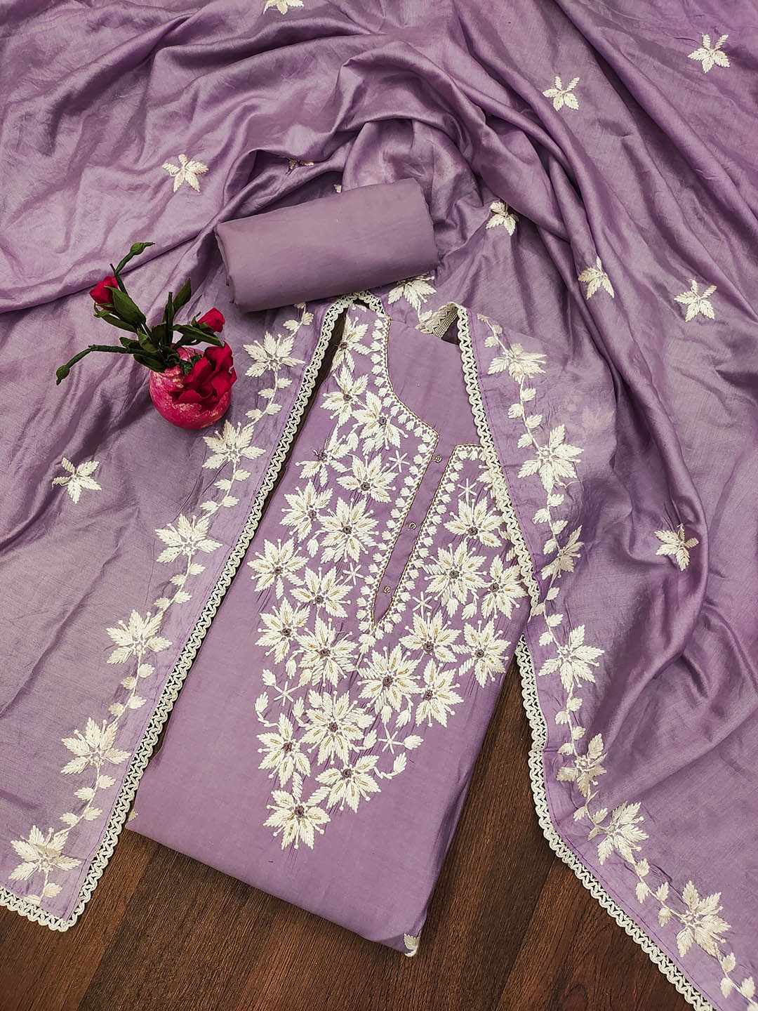 

SAINOOR Embroidered Pure Silk Semi-Stitched Dress Material, Lavender