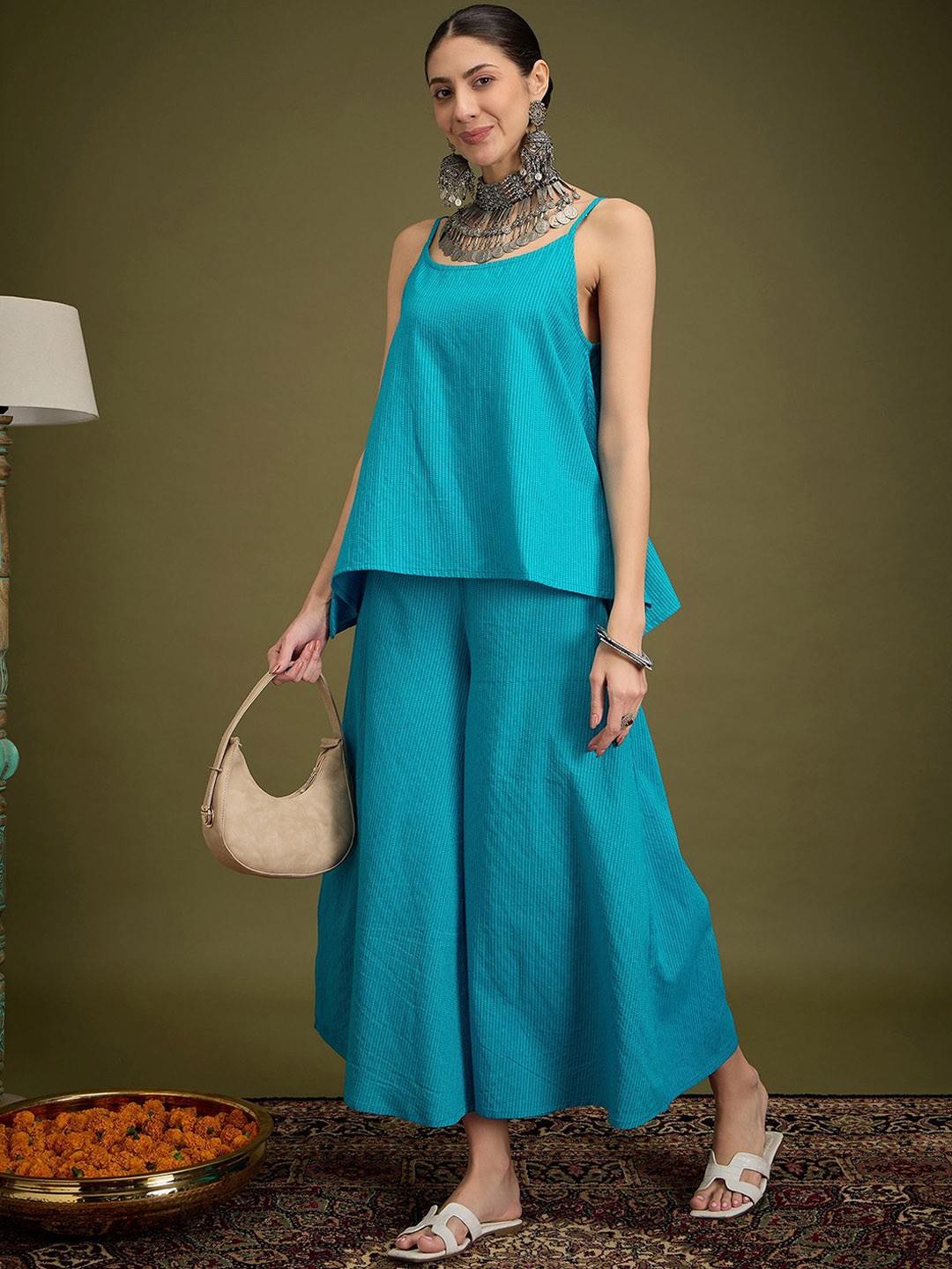 

Sangria Striped Pure Cotton Sleeveless Top & Palazzos, Blue
