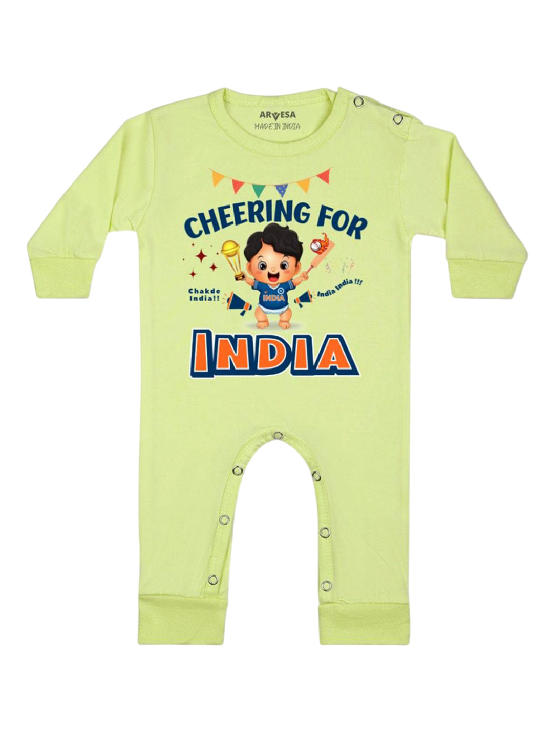 

Arvesa Kids Cheering For India Printed Baby Romper, Yellow