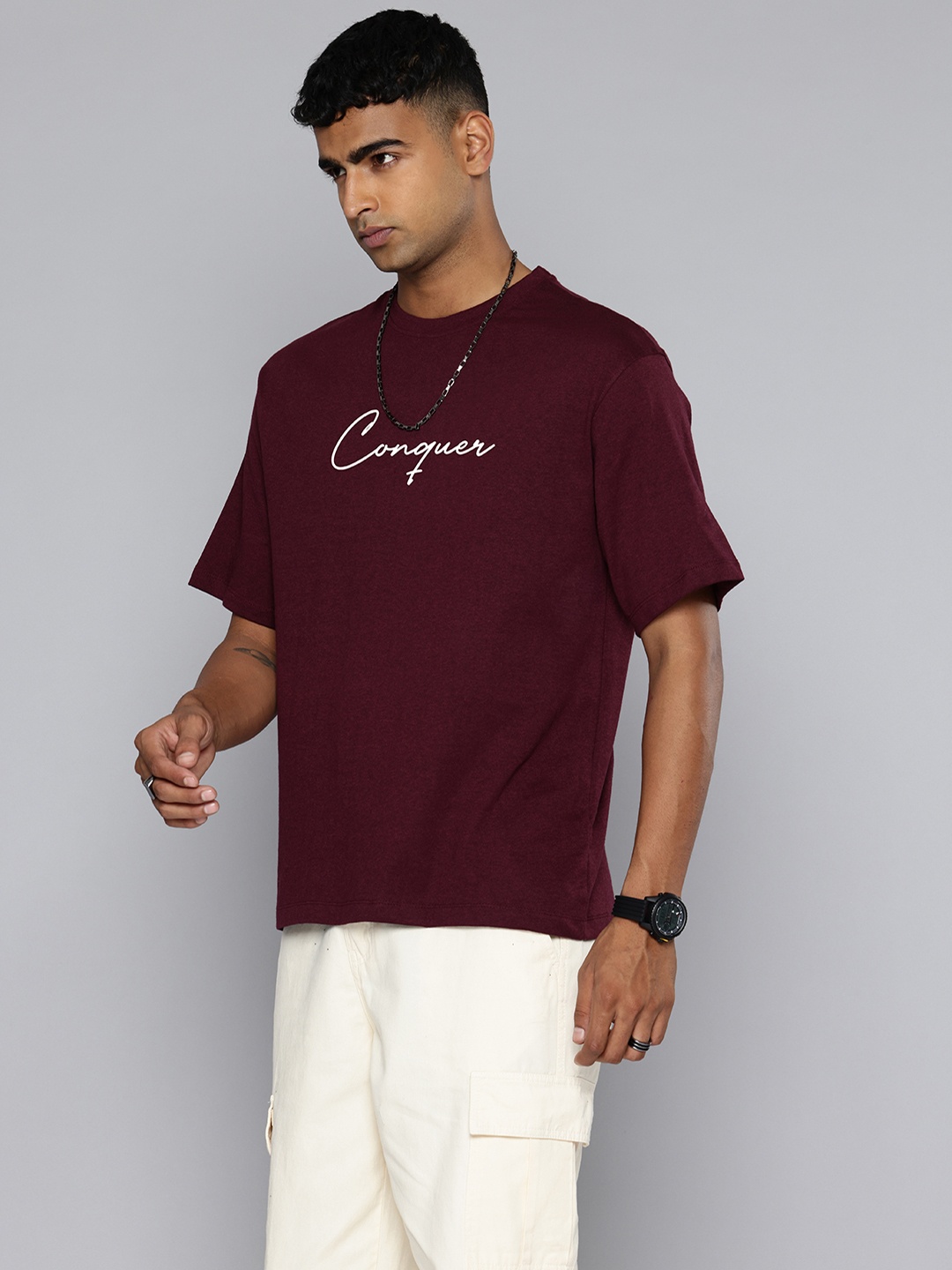 

R.Code by The Roadster Lifestyle Co. Men Printed Cotton Relaxed Fit T-shirt, Burgundy