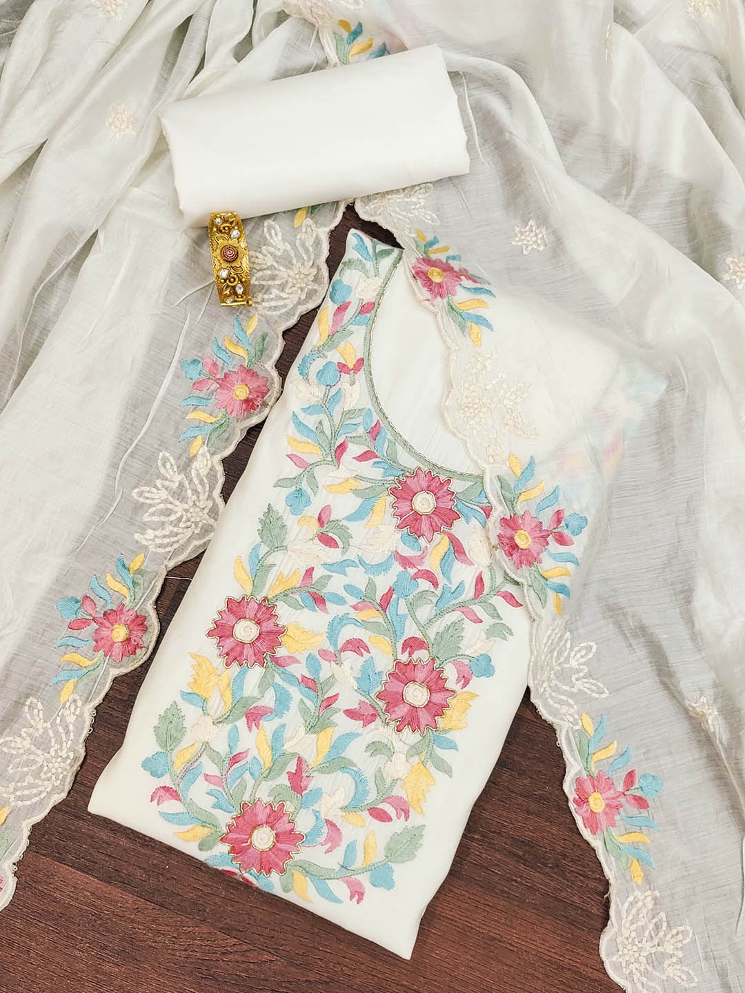 

SAINOOR Embroidered Pure Silk Semi-Stitched Dress Material, White
