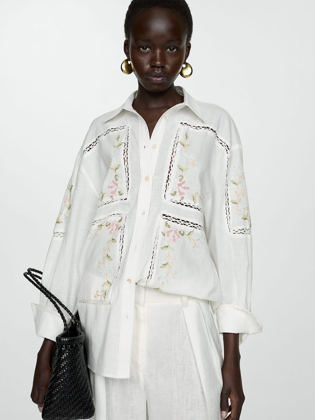 

MANGO Embroidered Oversized Shirt, Off white