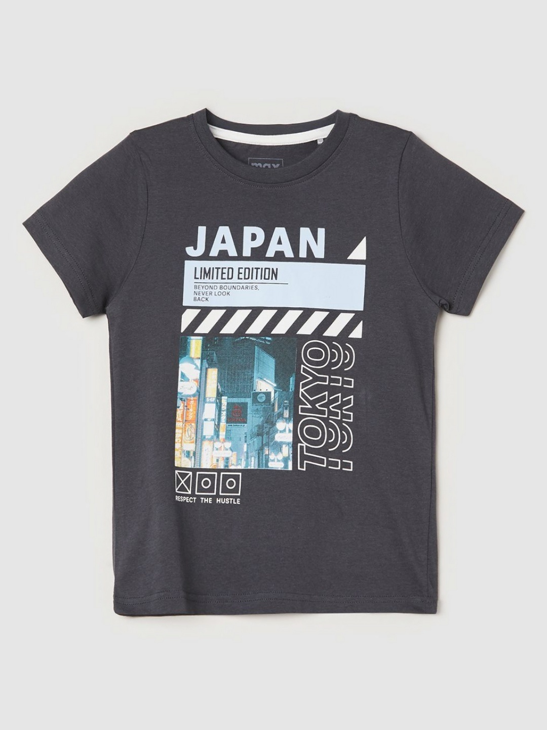 

max Boys Typography Printed Applique T-shirt, Grey