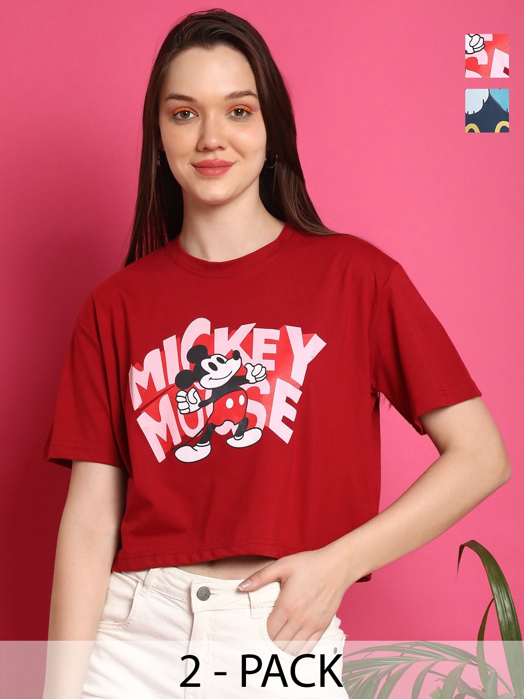 

Dreambe Women Pack of 2 Mickey Mouse Graphic Printed Round Neck Cotton Boxy T-shirts, Red