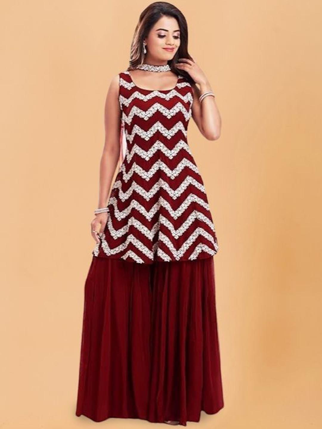 

PARROT CREATION Chevron Embroidered Georgette A-Line Kurti With Sharara And Dupatta, Maroon