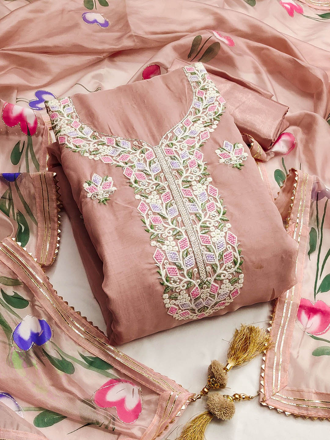 

SAINOOR Floral Embroidered Thread Work Organza Semi-Stitched Dress Material, Pink