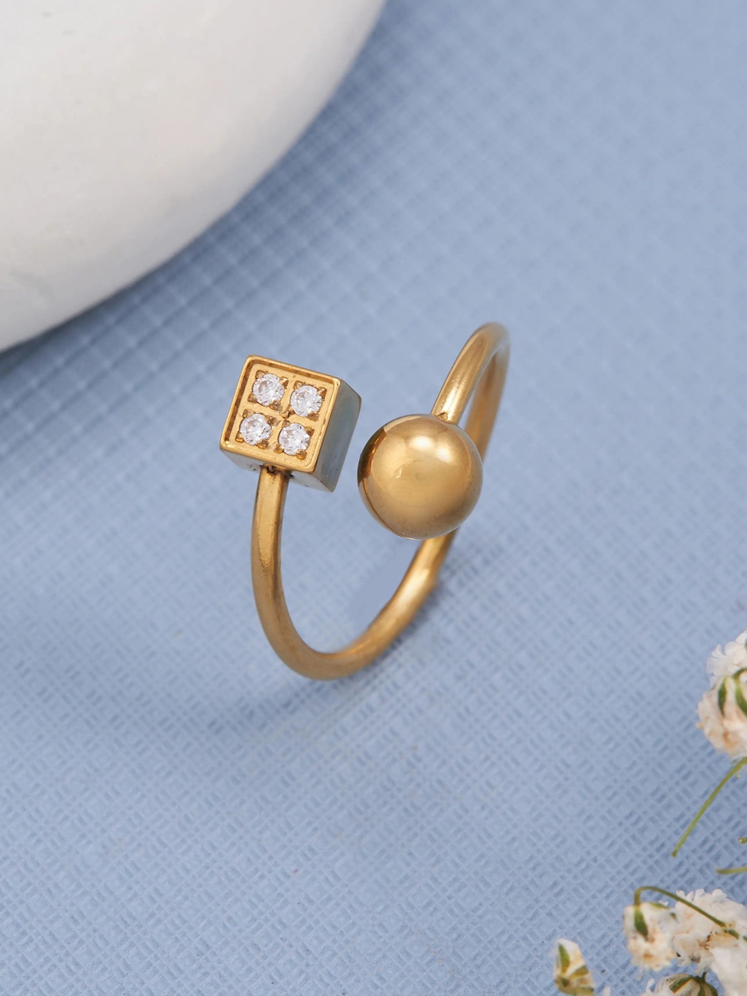 

PYLON Stainless Steel Artificial Stones Studded Finger Ring, Gold