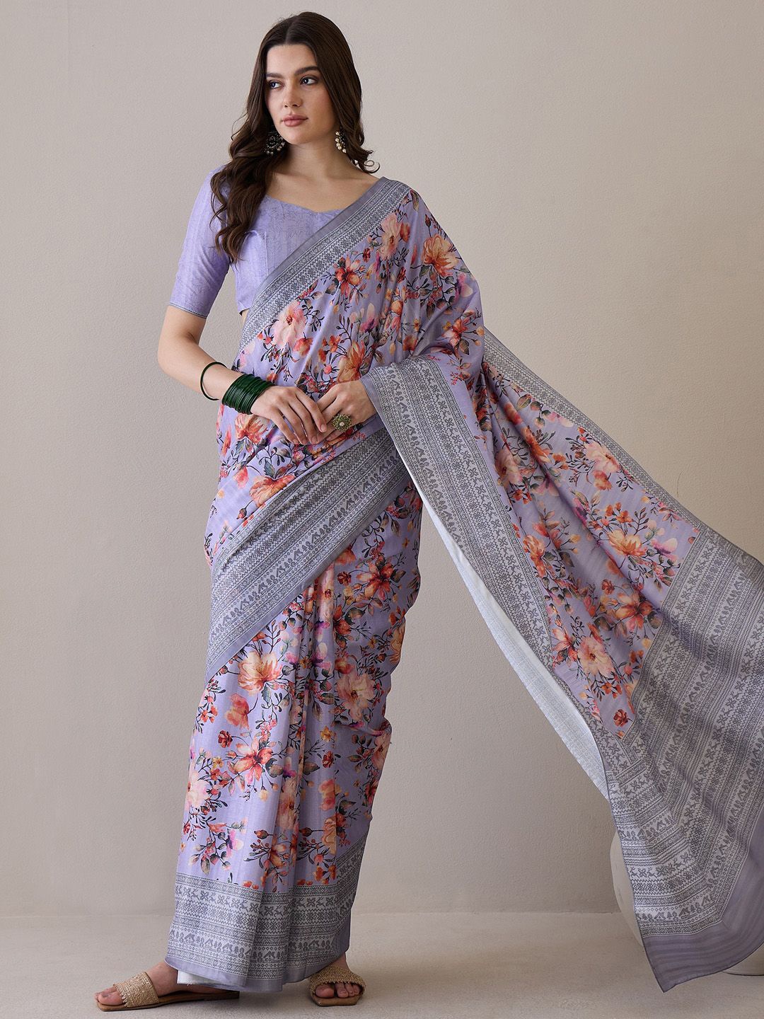 

Mitera Floral Silk Blend Bagru Saree, Lavender
