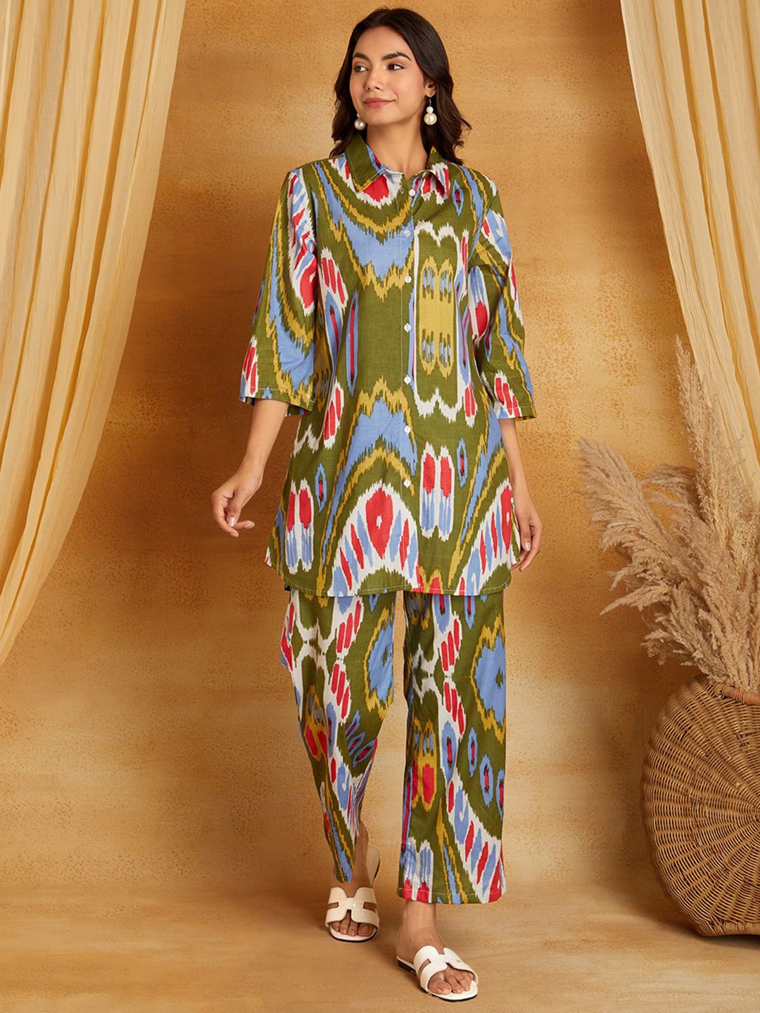 

SANASH Collections Printed Pure Cotton Tunic With Trouser Co-Ords Set, Brown