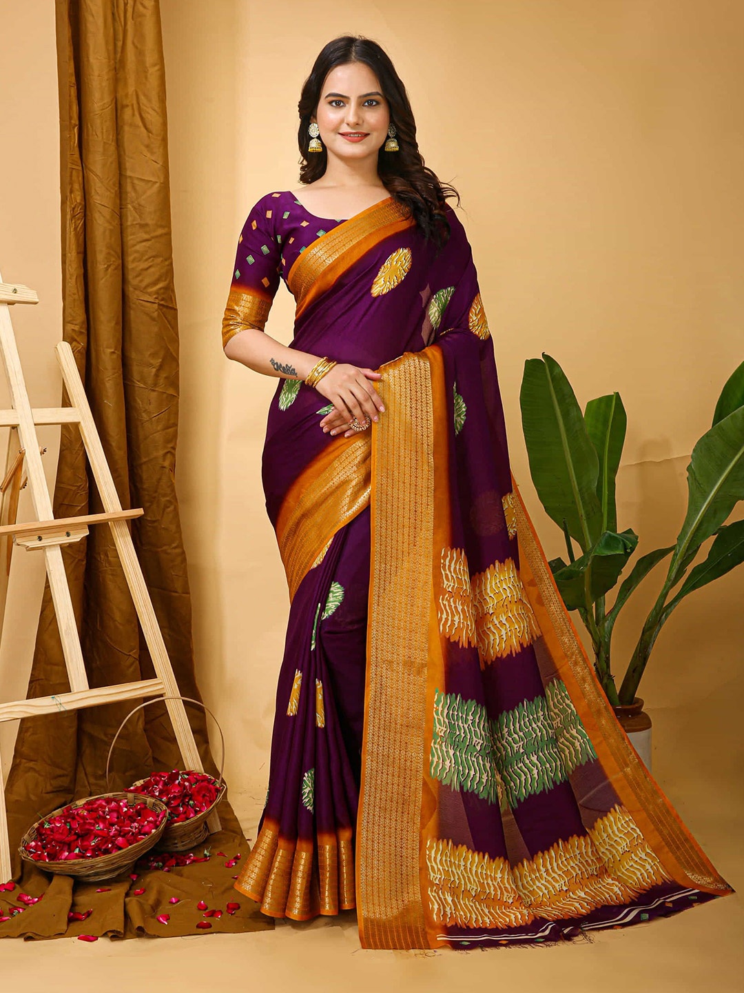 

V3 FASHION STUDIO Ethnic Motifs Zari Art Silk Saree, Purple